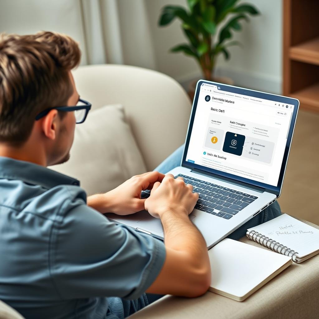 A beginner crypto investor studying Decentralized Masters materials on a laptop A beginner crypto investor studying Decentralized Masters materials on a laptop