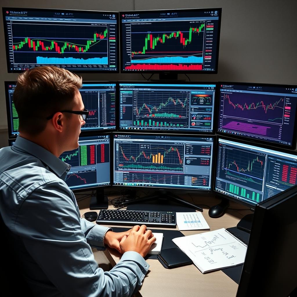 An experienced trader analyzing advanced DeFi strategies on multiple screens An experienced trader analyzing advanced DeFi strategies on multiple screens