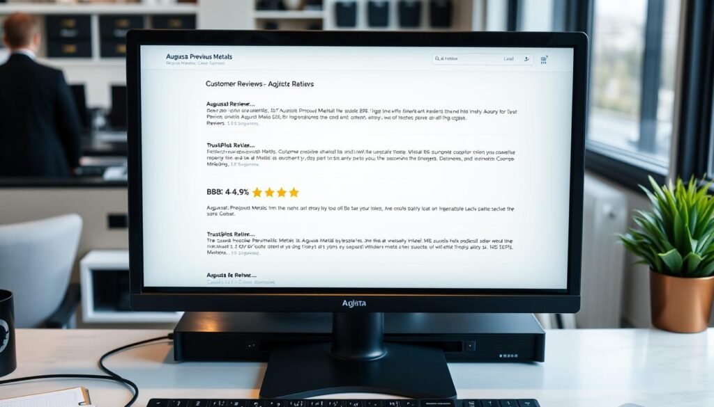 Augusta Precious Metals customer reviews and ratings displayed on a computer screen Augusta Precious Metals customer reviews and ratings displayed on a computer screen