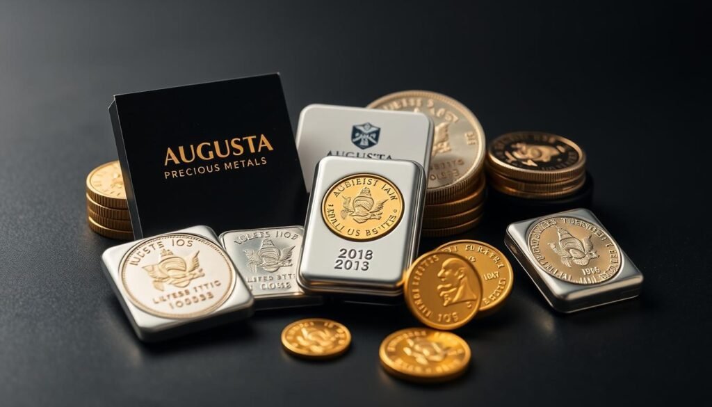 Gold and silver coins with Augusta Precious Metals logo Gold and silver coins with Augusta Precious Metals logo