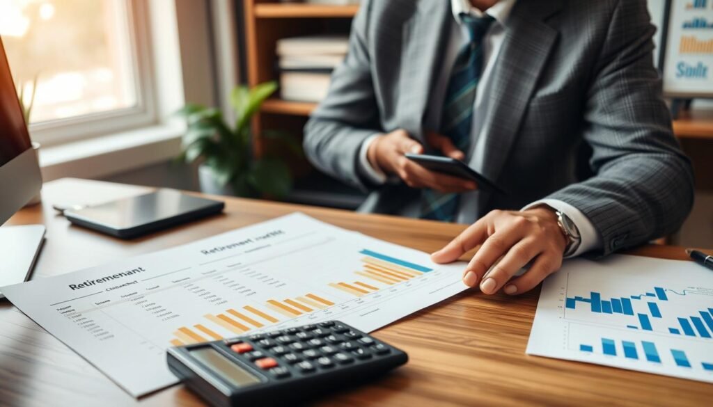Investor reviewing retirement portfolio with gold investments Investor reviewing retirement portfolio with gold investments