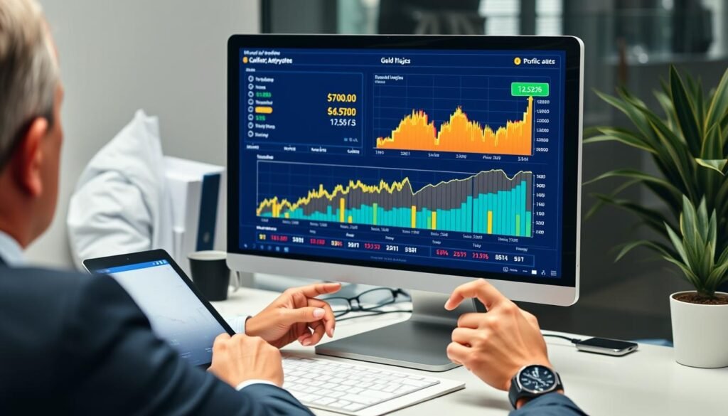 Person analyzing gold investment performance charts Person analyzing gold investment performance charts