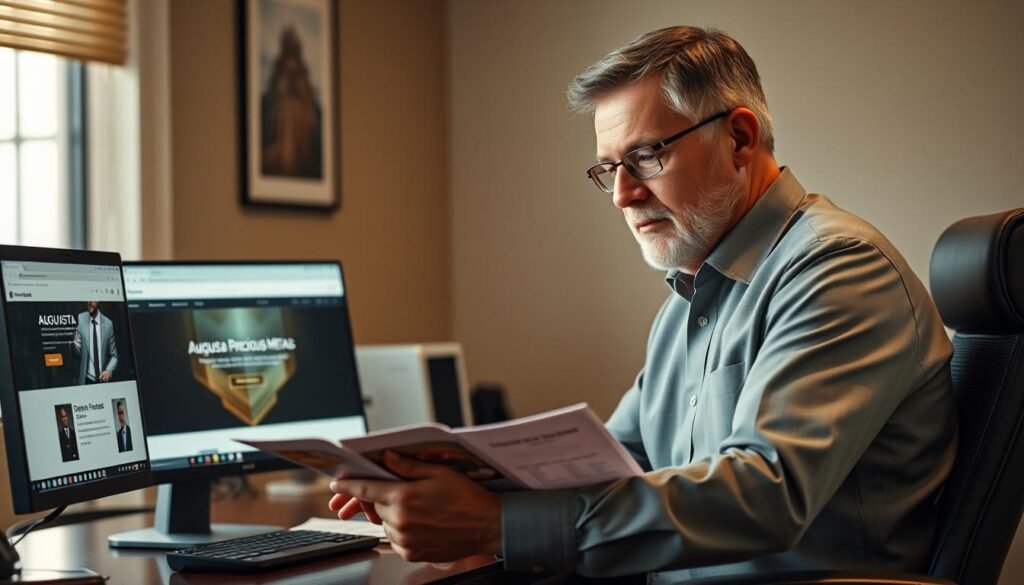 Person reviewing Augusta Precious Metals investment materials Person reviewing Augusta Precious Metals investment materials