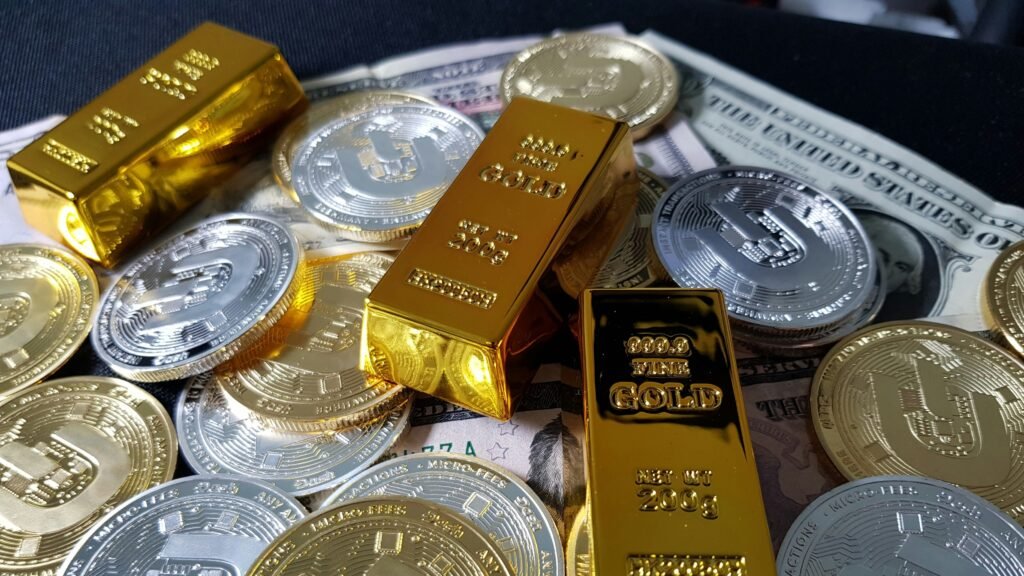 a pile of gold bars sitting on top of a pile of money a pile of gold bars sitting on top of a pile of money