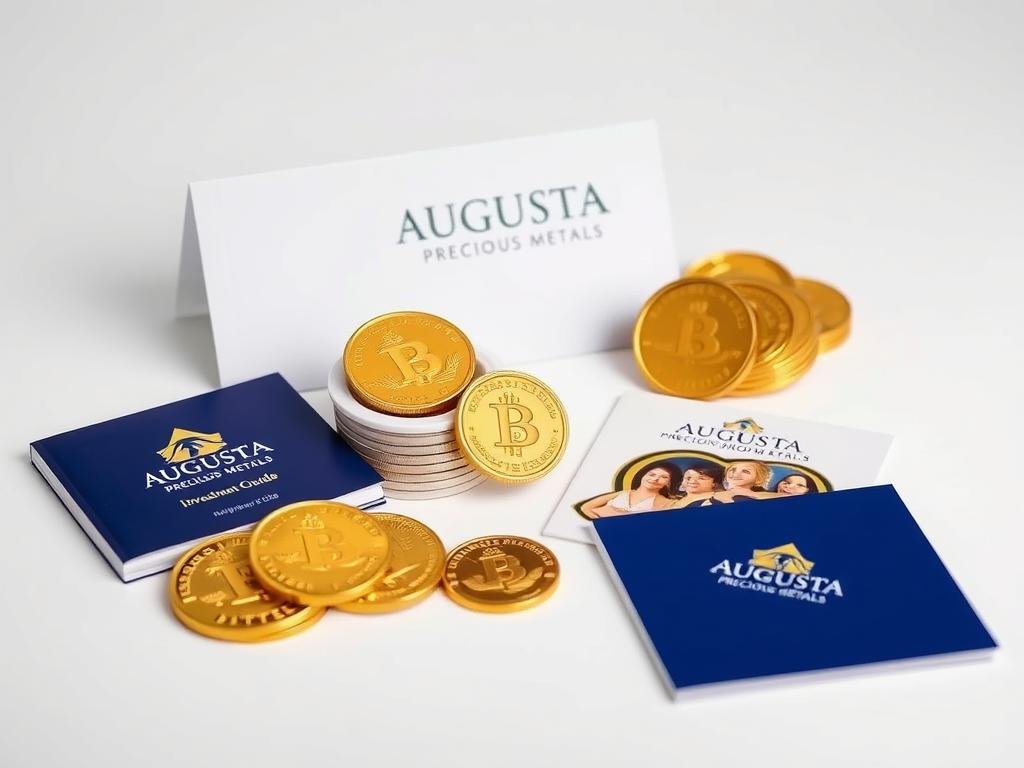 Augusta Precious Metals gold coins and investment materials displayed with their logo Augusta Precious Metals gold coins and investment materials displayed with their logo