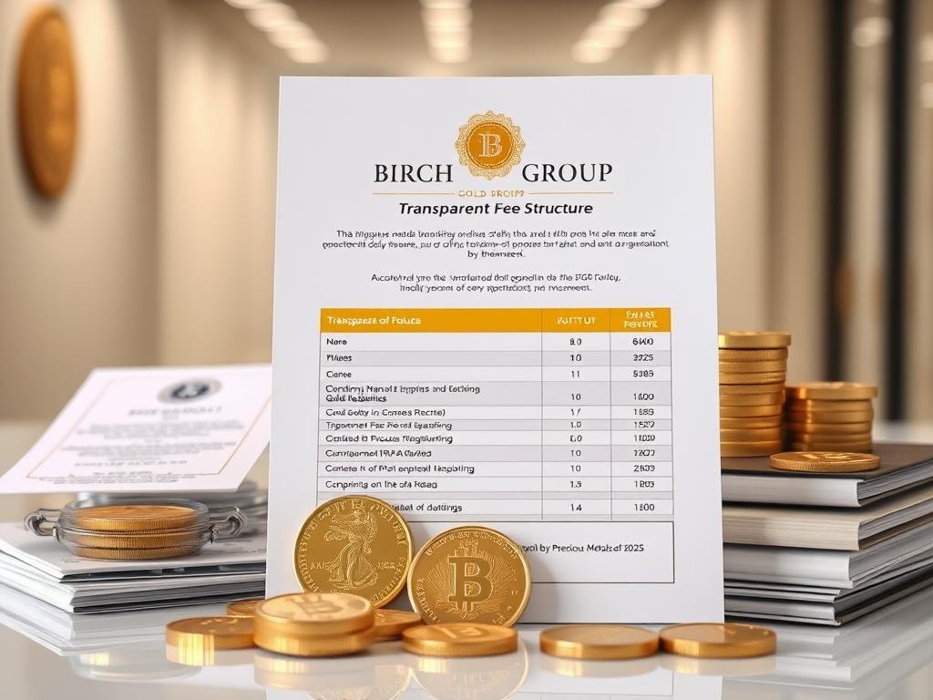 Birch Gold Group transparent fee structure document and gold coins Birch Gold Group transparent fee structure document and gold coins