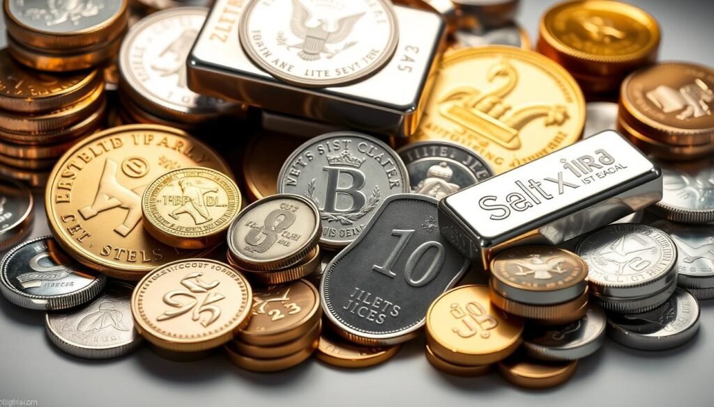Diverse precious metals coins and bars representing Top Precious Metals IRA firms 2025 offerings Diverse precious metals coins and bars representing Top Precious Metals IRA firms 2025 offerings