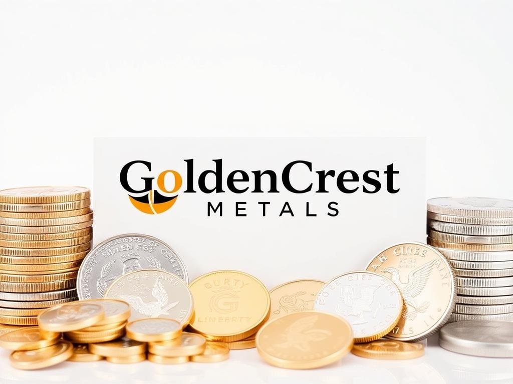 GoldenCrest Metals display of gold, silver, platinum and palladium coins with company branding GoldenCrest Metals display of gold, silver, platinum and palladium coins with company branding