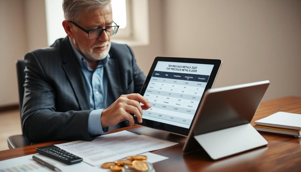Investor reviewing Top Precious Metals IRA firms 2025 comparison chart on tablet Investor reviewing Top Precious Metals IRA firms 2025 comparison chart on tablet