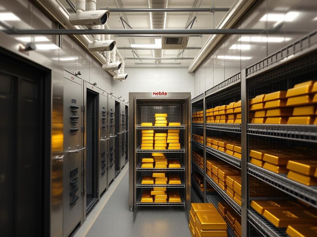 Noble Gold Investments secure storage facility with gold bars and security features Noble Gold Investments secure storage facility with gold bars and security features