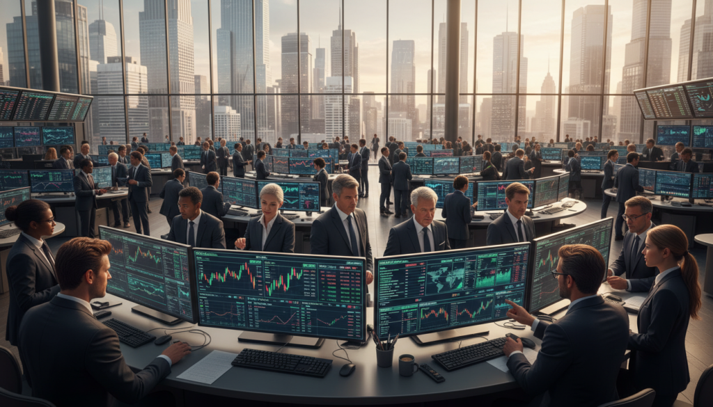 A bustling palladium market scene set in a modern financial district, showcasing a vibrant trading floor with traders and analysts discussing market trends. In the foreground, a diverse group of professionals in business attire engages with digital screens displaying palladium prices and market analytics. The middle ground features sleek trading desks filled with high-tech computers and live data feeds, while the background includes large windows revealing a city skyline and soft sunlight filtering through, casting a dynamic glow on the scene. The atmosphere is energetic and focused, emphasizing the urgency and potential volatility of the palladium market as it heads towards 2026. The composition is captured with a wide-angle lens to convey depth and activity, with warm lighting enhancing the sense of optimism. A bustling palladium market scene set in a modern financial district, showcasing a vibrant trading floor with traders and analysts discussing market trends. In the foreground, a diverse group of professionals in business attire engages with digital screens displaying palladium prices and market analytics. The middle ground features sleek trading desks filled with high-tech computers and live data feeds, while the background includes large windows revealing a city skyline and soft sunlight filtering through, casting a dynamic glow on the scene. The atmosphere is energetic and focused, emphasizing the urgency and potential volatility of the palladium market as it heads towards 2026. The composition is captured with a wide-angle lens to convey depth and activity, with warm lighting enhancing the sense of optimism.