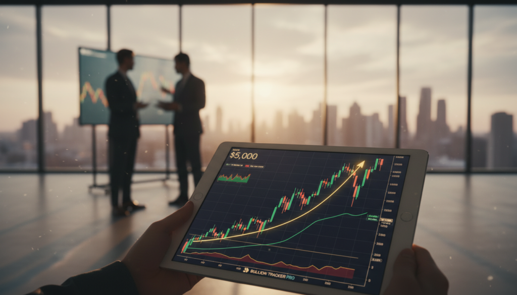 A close-up view of a dynamic financial chart showing the upward trend of gold prices towards $5,000, with focus on clear technical indicators and candlestick patterns in vibrant golds and greens. In the foreground, a sleek digital tablet displays the chart, with a touch of modern technology reflecting the financial sector. The middle ground features blurred silhouettes of professional analysts engaged in discussion, wearing business attire. In the background, a bright, airy office with large windows reveals a skyline at sunset, casting golden light that enhances the optimistic mood of the scene. The overall atmosphere is one of anticipation and professionalism, suggesting confidence in the market outlook. Soft lighting highlights key areas of the chart, creating an inviting yet focused ambiance.