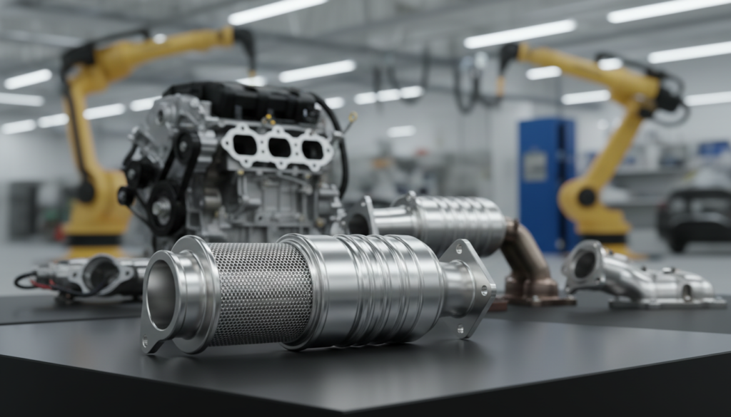 A close-up view of a gleaming platinum catalytic converter, showcasing its intricate metallic texture and subtle reflections. In the foreground, the converter sits on a sleek surface, with a soft-focus light illuminating its polished edges, casting gentle shadows. The middle ground features various automotive parts, hinting at their connection to the platinum demand in vehicle manufacturing. In the background, an industrial environment subtly fades into a blurred assembly line with hints of machinery, representing the automotive sector. The lighting is bright yet soft, emphasizing the clean and valuable nature of platinum, while the overall mood conveys a sense of innovation and future-forward thinking, underscoring the importance of platinum in automotive technology.
