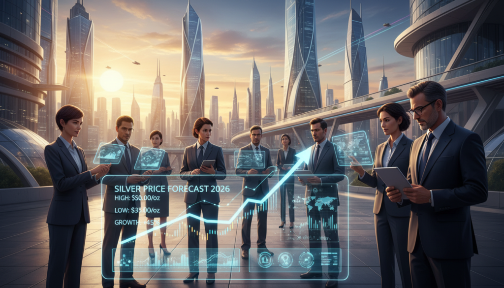 A detailed illustration depicting a futuristic silver price forecast for 2026. In the foreground, a sleek digital graph with upward trends and key data points showcasing silver prices is prominently displayed. The middle ground features business professionals in professional attire, analyzing data on transparent screens, their expressions focused and contemplative. In the background, a city skyline with modern architecture is illuminated by a soft, golden sunset, symbolizing hope and progress. The overall mood is one of optimism and innovation, with warm lighting highlighting the graph and the people engaged in thoughtful discussion. Use a wide-angle lens to capture the depth of the scene, emphasizing the contrast between the vibrant city and the intricate details of the silver price analysis.