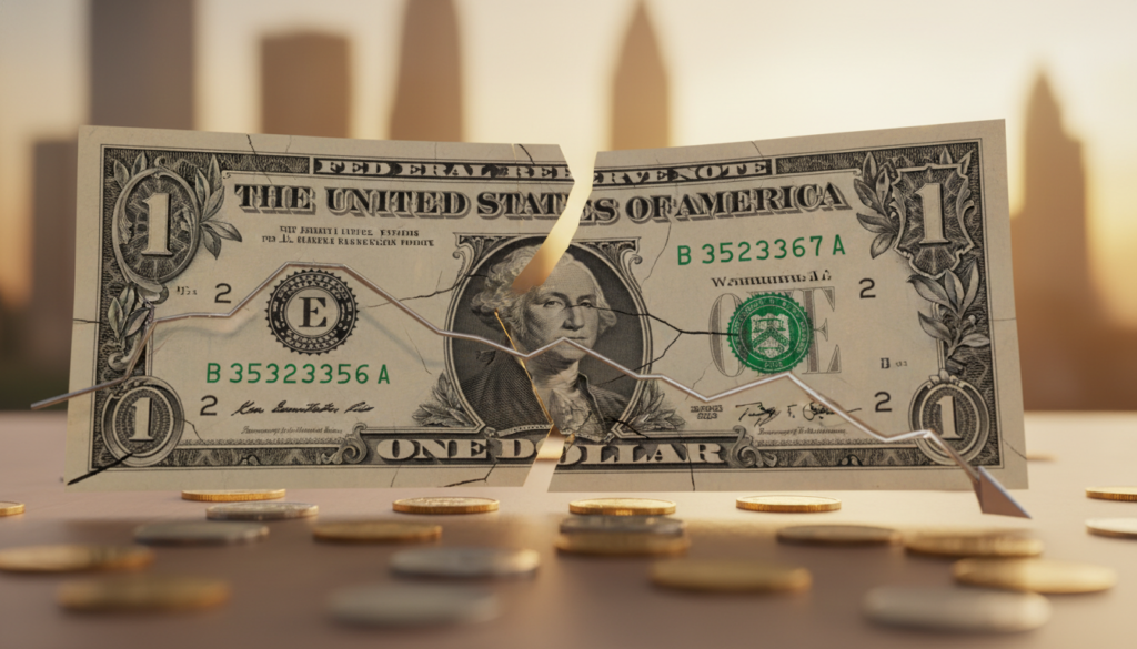 A detailed representation of a weaker dollar influencing the economy, featuring a large, cracked dollar bill in the foreground, symbolizing weakness. In the middle ground, a fluctuating line graph shows a downward trend, with gold and silver coins gleaming against the backdrop of the bill. The background is a soft-focus city skyline under warm, golden sunlight, evoking a sense of economic change. The mood is one of cautious optimism, suggesting transition and volatility. Use natural lighting to highlight the precious metals, capturing their reflective surfaces. The camera angle should be slightly elevated, giving a broad overview of the scene, while adding depth with blurred foreground elements for a professional, polished look.