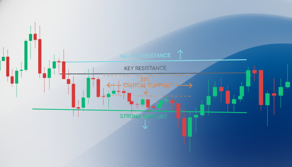A detailed technical chart illustrating key silver price levels for 2026, set in a sleek, modern design. In the foreground, prominent candlestick patterns show the fluctuations in silver prices, with green and red candles vividly contrasted. The middle layer features multiple horizontal support and resistance lines, clearly marked at significant price levels, with dynamic arrows indicating potential price movements. In the background, a gradient illustrating silver's historical price trends fades from light gray to deep blue, evoking a sense of analysis and foresight. The lighting is bright and focused, mimicking the clarity of a high-tech financial analysis tool. Capture an atmosphere of professional insight and anticipation, suitable for an article exploring silver's market future. Ensure the image is clean and devoid of any text or annotations.