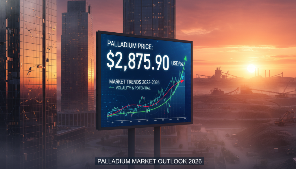 A dramatic cityscape showcasing a financial district in the foreground, featuring sleek skyscrapers made of glass and metal, reflecting the soft glow of dawn. In the middle ground, a large digital display board features fluctuating palladium prices, surrounded by graphs illustrating market trends, emphasizing the volatility and potential of the palladium market. The background showcases an industrial area with palladium mining operations, under a vibrant sunrise that casts warm, golden light over the scene. The atmosphere is a mix of optimism and uncertainty, hinting at the dynamics of supply and demand. The focus is sharp, with a slight lens flare from the sun, capturing the essence of the market fundamentals that will shape the palladium market in 2026. A dramatic cityscape showcasing a financial district in the foreground, featuring sleek skyscrapers made of glass and metal, reflecting the soft glow of dawn. In the middle ground, a large digital display board features fluctuating palladium prices, surrounded by graphs illustrating market trends, emphasizing the volatility and potential of the palladium market. The background showcases an industrial area with palladium mining operations, under a vibrant sunrise that casts warm, golden light over the scene. The atmosphere is a mix of optimism and uncertainty, hinting at the dynamics of supply and demand. The focus is sharp, with a slight lens flare from the sun, capturing the essence of the market fundamentals that will shape the palladium market in 2026.