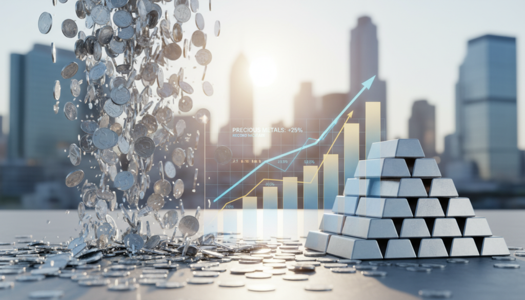 A dynamic and captivating scene illustrating a "silver surge" with shimmering silver coins cascading down from the foreground, reflecting vivid light. In the middle ground, a rising graph showcasing record price increases in precious metals overlays a backdrop of silver bars stacked prominently. The background features a soft-focus skyline of a modern city, symbolizing growth and financial prosperity. The lighting is bright and optimistic, highlighting the metallic shine of the silver elements, evoking a sense of excitement and opportunity. The composition is shot from a slightly elevated angle, giving a panoramic view of the action, while maintaining a professional and polished aesthetic throughout.