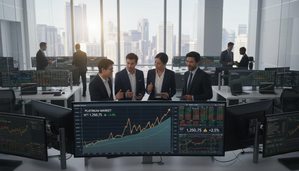 A dynamic scene in a modern trading office, showcasing analysts and traders in professional business attire, deeply focused on platinum market trends. In the foreground, a diverse group of professionals is engaged in intense discussion, with a digital screen displaying fluctuating platinum prices and relevant market graphs. The middle ground features an array of financial charts, an open computer with stock data, and a large window showing a bustling city skyline, symbolizing economic activity. In the background, soft-focus silhouettes of colleagues collaborate over documents. The lighting is bright and professional, emphasizing a sense of urgency and excitement, captured from a slightly elevated angle to provide depth and context to the bustling trading environment. The overall mood conveys hustle and optimism about the platinum market.