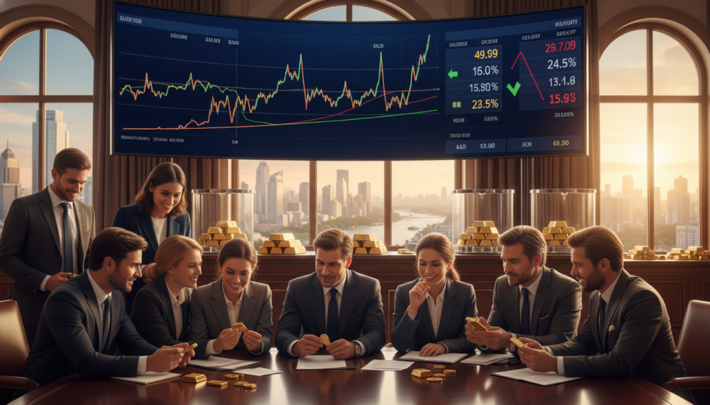 A dynamic scene showcasing a bustling investment environment focused on gold. In the foreground, a diverse group of investors in professional business attire examine gold bars and coins, displaying expressions of curiosity and excitement. In the middle ground, a large digital screen shows fluctuating gold prices and ETF statistics, while stacked gold bars and futures contracts are neatly arranged on elegant display stands. The background depicts an opulent office with large windows revealing a serene cityscape, bathed in warm, golden sunlight that highlights the richness of the gold. The atmosphere is vibrant and engaging, symbolizing hope and opportunity in the precious metals market. Using a wide-angle lens, the image should convey a sense of depth and investment intrigue.