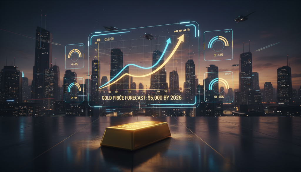 A futuristic financial forecast scene depicting the gold market in 2026. In the foreground, a polished gold bar gleams under soft, warm lighting, symbolizing wealth and investment. In the middle ground, a digital display shows a dynamic graph with rising trends in gold prices, hinting at the forecast of $5,000. Surrounding the graph, indicators and charts with quarterly path predictions are illustrated in a sleek, modern style. In the background, a city skyline at dusk, bathed in a golden hue, represents financial hubbub with fluctuating shadows. The atmosphere is optimistic yet serious, conveying a sense of potential and opportunity in the gold market for the future. The image should be crisp and clear, captured with a wide-angle lens to create an immersive view.
