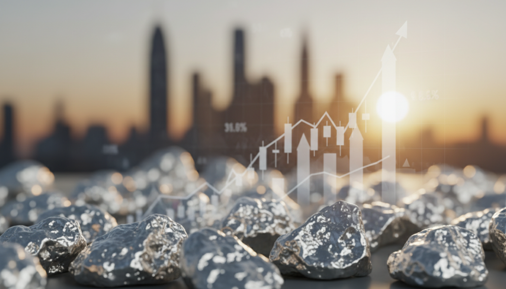A high-resolution macro image of platinum pieces, showcasing their shimmering, reflective surfaces under soft, diffused lighting. In the foreground, intricately detailed platinum nuggets sparkle with a polished sheen, conveying their high value and rarity. The middle ground features a blurred arrangement of stock market graphs and economic indicators, hinting at macroeconomic signals relevant to U.S. investors. In the background, a faint silhouette of a modern city skyline emphasizes the financial hub, with a warm sunset casting a golden glow, enhancing the mood of growth and opportunity. The image should convey a sense of professionalism and sophistication, suitable for an analysis of market trends. Focus on clarity and vibrancy to capture attention.