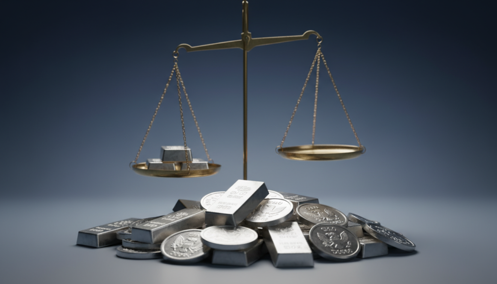 A reflective pile of silver bullion bars and coins glistening under soft, diffused lighting, arranged strategically in the foreground to highlight their intricate designs. In the middle ground, a delicate balance scale tipped slightly to one side, symbolizing market volatility, with one side holding a few bars of silver and the other side empty, representing a tighter market. The background is a subtle gradient of dark blues and silvers, evoking a sense of uncertainty and anticipation, enhancing the atmosphere of fluctuation and dynamic movement. The scene is captured using a close-up lens to create sharp detail in the foreground while softening the background, providing depth and focus on the silver elements. The overall mood is one of tension and expectation, reflecting the themes of higher volatility and big swings in the silver market.