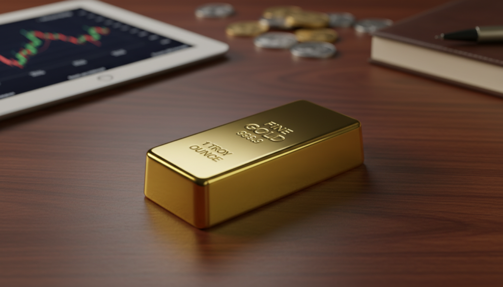 A stunning, close-up view of a gold bar resting on a sleek, dark mahogany table. The bar is polished to a high sheen, reflecting gentle ambient lighting that casts soft golden hues across the surface. In the background, a blurred array of investment-related items, such as coins and charts, subtly imply a financial ambiance without detracting from the gold bar's prominence. The lighting creates a warm, inviting atmosphere, hinting at luxury and security. The angle should be slightly above the table, focusing on the bar while maintaining a shallow depth of field to give an elegant, refined feel to the image, perfect for illustrating the topic of precious metals investment.