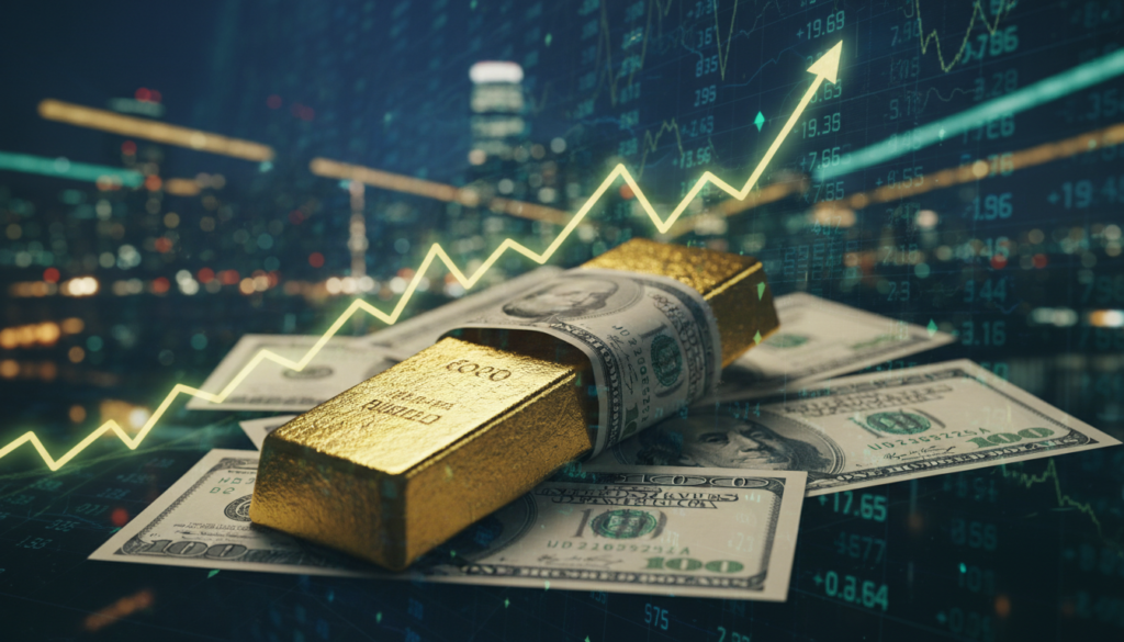 A visually striking composition illustrating the impact of the US dollar on gold prices. In the foreground, a golden bar and dollar bills intertwined, symbolizing the relationship between the two assets. The middle ground features a subtle graph line rising against a backdrop of fluctuating financial data and charts, evoking a sense of market dynamics. In the background, a dimly lit city skyline represents the broader economic environment, with soft gold and green hues casting an atmospheric glow. Use a slight bokeh effect to blur the background, drawing focus to the foreground. The lighting should be dramatic yet warm, evoking both urgency and optimism in the macroeconomic context. Aim for a professional, analytical mood throughout the image.