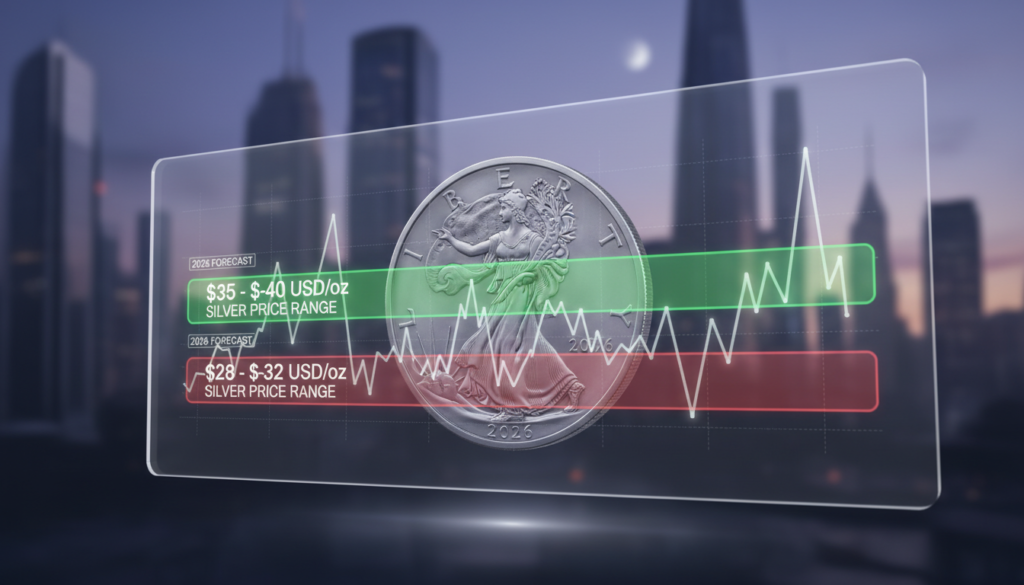 A visually striking illustration of a silver price forecast range for the year 2026. In the foreground, a sleek, modern digital chart displaying fluctuating silver price lines, with highlighted projected ranges in vibrant colors like green and red to indicate potential highs and lows. The middle ground features a close-up of a silver coin, reflecting light, symbolizing the asset being analyzed. In the background, a blurred city skyline under a twilight sky, casting a sense of calm yet hopeful atmosphere. The lighting is soft and dramatic, enhancing the contrast between the chart and the coin. The overall mood is analytical and optimistic, inviting viewers to contemplate future investment scenarios in the silver market.