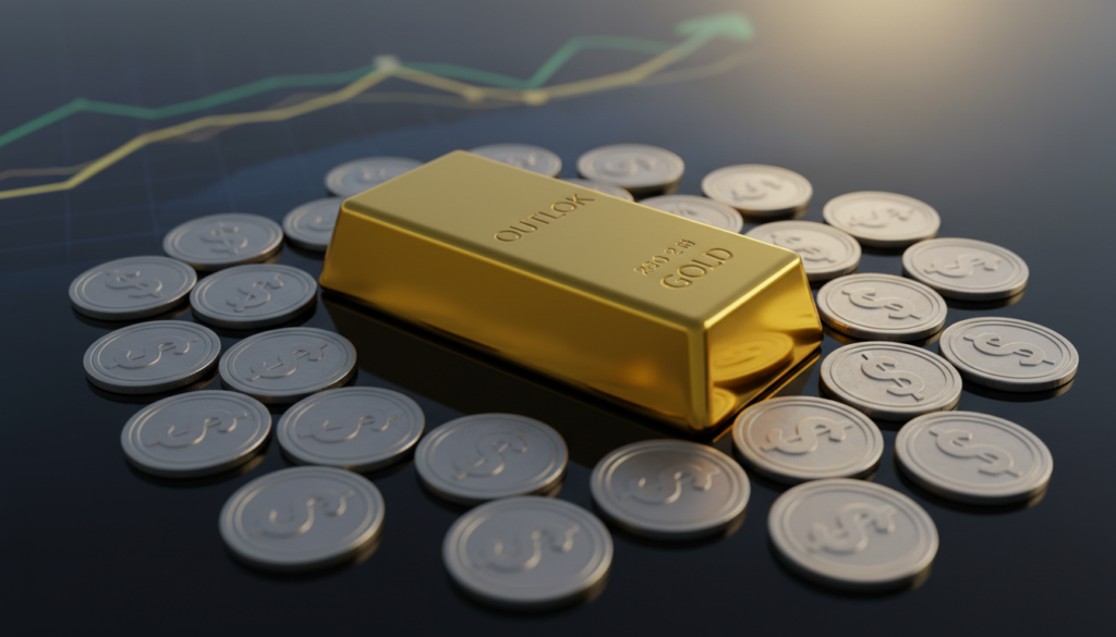 A visually striking representation of "outlook gold," featuring a close-up of a golden bar resting on a reflective surface, with an elegant display of silver coins artfully arranged around it. The background should consist of a soft-focus financial graph, subtly suggesting upward trends, symbolizing positive market outlooks. Use warm, golden lighting to create a luxurious ambiance, emphasizing the richness of the gold bar and enhancing the reflective qualities of the surface. The overall mood should convey optimism and stability, with hints of anticipation for the future. Utilize a slight top-down angle to give depth to the scene, ensuring all elements are harmonized without distractions.
