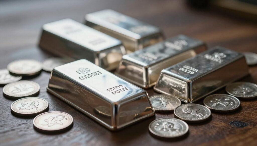 A collection of gleaming silver bars and an assortment of shiny silver coins, arranged elegantly on a dark wooden surface. In the foreground, a stack of immaculate silver bars reflects soft, diffused light, showcasing their smooth surfaces and intricate stamps. Scattered around the bars, various silver coins display detailed engravings and varying sizes, some catching the light and glimmering with brilliance. The background is softly blurred with hints of a dimly lit environment, emphasizing the lustrous shine of the silver. The angle is slightly elevated, capturing the richness of the textures and the subdued elegance of the display. The overall mood is one of sophistication and allure, inviting viewers to appreciate the beauty and value of silver.