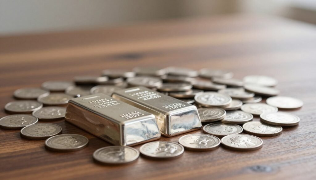 A detailed arrangement of gleaming physical silver bars and coins, arranged elegantly on a polished wooden table. In the foreground, a stack of silver bars with their shiny surfaces reflecting light, complemented by a spread of various silver coins, showcasing intricate designs and varying sizes. The middle layer features a soft focus on more silver coins cascading elegantly around the bars, creating a sense of abundance. In the background, a soft, blurred gradient of warm earthy tones enhances the richness of the silver. The scene is lit with warm, natural lighting, giving it an inviting and luxurious atmosphere. The camera angle is slightly above, providing a comprehensive view that emphasizes the texture and beauty of the silver. The overall mood conveys elegance and the intrinsic value of physical silver.