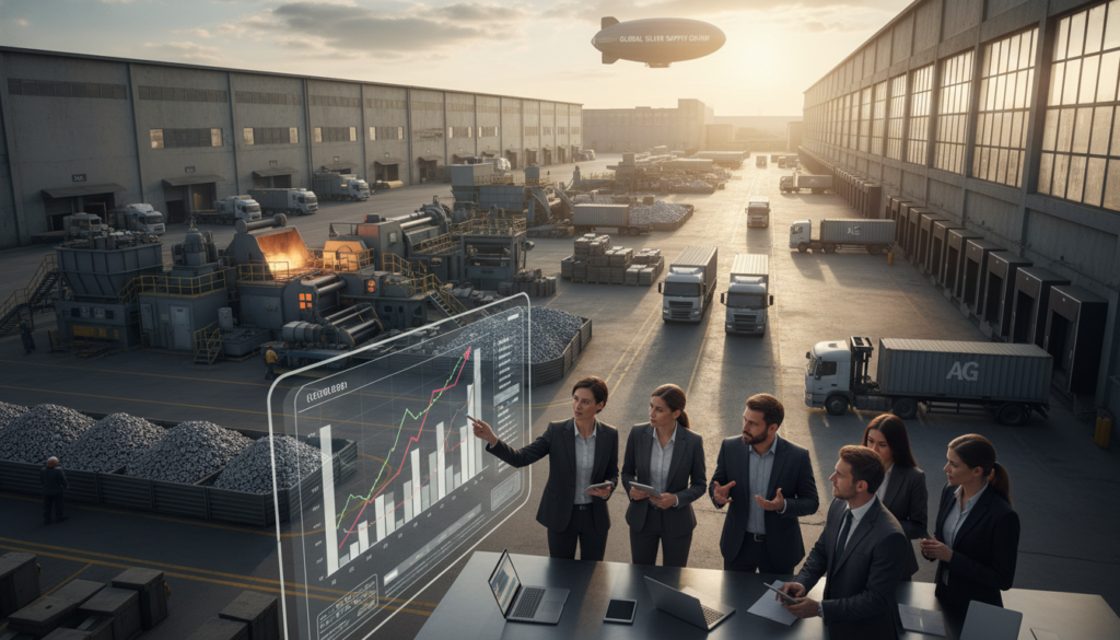 A detailed industrial setting depicting the complexities of demand and supply constraints. In the foreground, a diverse group of professionals in business attire discusses overgraphs showing fluctuating silver prices, with a focus on bar charts and trend lines. The middle ground features a large factory with machinery and raw materials, symbolizing industrial output. In the background, warehouses and transport trucks convey the logistics of supply chain issues. Soft, natural lighting streams in through large windows, creating a bright and productive atmosphere. An angled view enhances the depth of the scene, emphasizing the interconnectedness of demand and supply in the silver market. The overall mood is analytical and dynamic, capturing the urgency of economic factors in a professional context. A detailed industrial setting depicting the complexities of demand and supply constraints. In the foreground, a diverse group of professionals in business attire discusses overgraphs showing fluctuating silver prices, with a focus on bar charts and trend lines. The middle ground features a large factory with machinery and raw materials, symbolizing industrial output. In the background, warehouses and transport trucks convey the logistics of supply chain issues. Soft, natural lighting streams in through large windows, creating a bright and productive atmosphere. An angled view enhances the depth of the scene, emphasizing the interconnectedness of demand and supply in the silver market. The overall mood is analytical and dynamic, capturing the urgency of economic factors in a professional context.