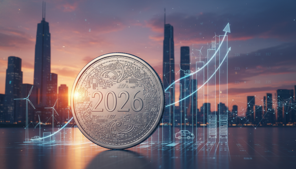 A dynamic and informative illustration representing macro trends in silver markets for 2026. In the foreground, a close-up on a visually striking, polished silver coin showcasing intricate details, with reflective light enhancing its shine. The middle ground features silhouettes of upward-trending graphs and market data overlays, symbolizing growth and analysis. In the background, a sleek city skyline under a sunset sky, blending warm oranges and cool blues, evokes a sense of global economic shifts. Soft, diffused lighting casts a professional, optimistic mood throughout the scene, while maintaining a clean, modern aesthetic. No text or watermarks present. A dynamic and informative illustration representing macro trends in silver markets for 2026. In the foreground, a close-up on a visually striking, polished silver coin showcasing intricate details, with reflective light enhancing its shine. The middle ground features silhouettes of upward-trending graphs and market data overlays, symbolizing growth and analysis. In the background, a sleek city skyline under a sunset sky, blending warm oranges and cool blues, evokes a sense of global economic shifts. Soft, diffused lighting casts a professional, optimistic mood throughout the scene, while maintaining a clean, modern aesthetic. No text or watermarks present.