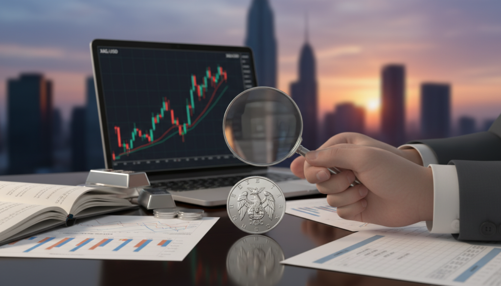 A polished silver coin glistens under soft, warm lighting, placed on a sophisticated wooden desk filled with financial documents and strategic investment notebooks. In the foreground, a pair of hands in professional business attire gently hold a magnifying glass above the coin, inspecting its details. The middle ground features a laptop open to a stock market analysis graph, showcasing silver price trends accented by elegant silver bars and coins. In the background, a blurred city skyline at sunset provides a dynamic contrast, symbolizing the financial market's growth. The entire scene conveys a sense of professionalism and optimism, inviting viewers into the world of silver investment strategies. A polished silver coin glistens under soft, warm lighting, placed on a sophisticated wooden desk filled with financial documents and strategic investment notebooks. In the foreground, a pair of hands in professional business attire gently hold a magnifying glass above the coin, inspecting its details. The middle ground features a laptop open to a stock market analysis graph, showcasing silver price trends accented by elegant silver bars and coins. In the background, a blurred city skyline at sunset provides a dynamic contrast, symbolizing the financial market's growth. The entire scene conveys a sense of professionalism and optimism, inviting viewers into the world of silver investment strategies.