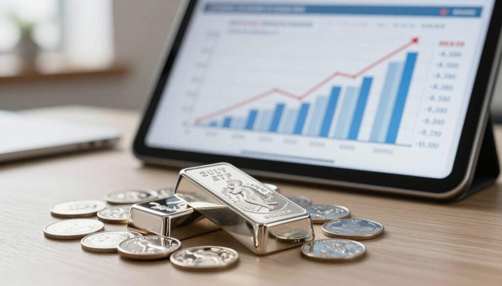 A professional and informative scene depicting the benefits of tangible assets, focusing on silver investment. In the foreground, a gleaming physical silver bullion bar and a collection of silver coins, showcasing their intricate designs and details. In the middle ground, portray a silver ETF chart on a sleek tablet, with rising graphs and numeric data reflecting its performance. The background features a blurred office environment, suggesting a financial advisory setting. Soft, warm lighting enhances the metallic shine of the silver, while a shallow depth of field draws attention to the assets. The mood is optimistic and professional, highlighting the careful evaluation of investment options in a serene, corporate atmosphere.