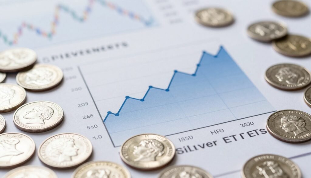 A professional comparison chart illustrating the differences between physical silver and silver ETFs. In the foreground, vibrant physical silver coins and bars are arranged artistically, showcasing various shapes and sizes, reflecting natural light for a polished look. In the middle, a sleek line graph overlays the coins, indicating trends and performance statistics of silver ETFs. The background is a soft-focus contrast of abstract financial data visuals, emphasizing investment themes. The overall atmosphere is informative yet engaging, with a modern aesthetic. The lighting is bright but soft, creating a clear focal point without harsh shadows. The angle is slightly elevated, providing an overarching view of the chart and silver items, radiating a sense of professionalism and clarity.