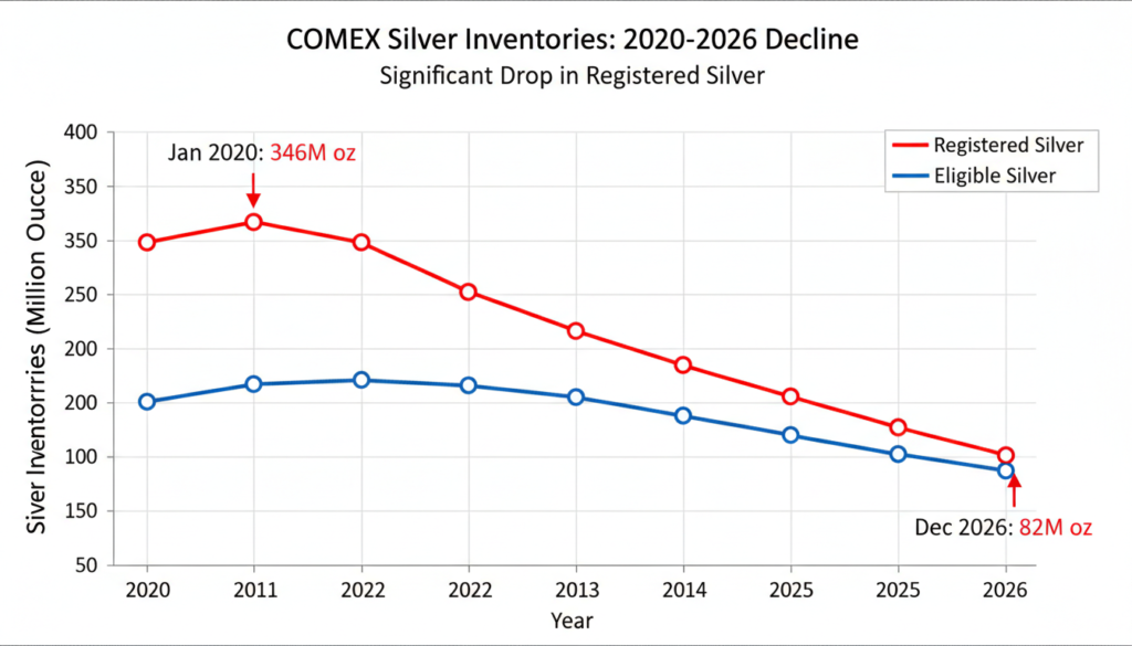 Chart comparing registered vs eligible silver inventories at COMEX from 2020-2026