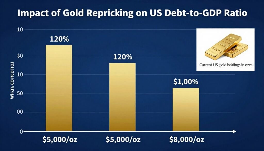 Chart showing potential impact of gold repricing at different price levels on US national debt ratio