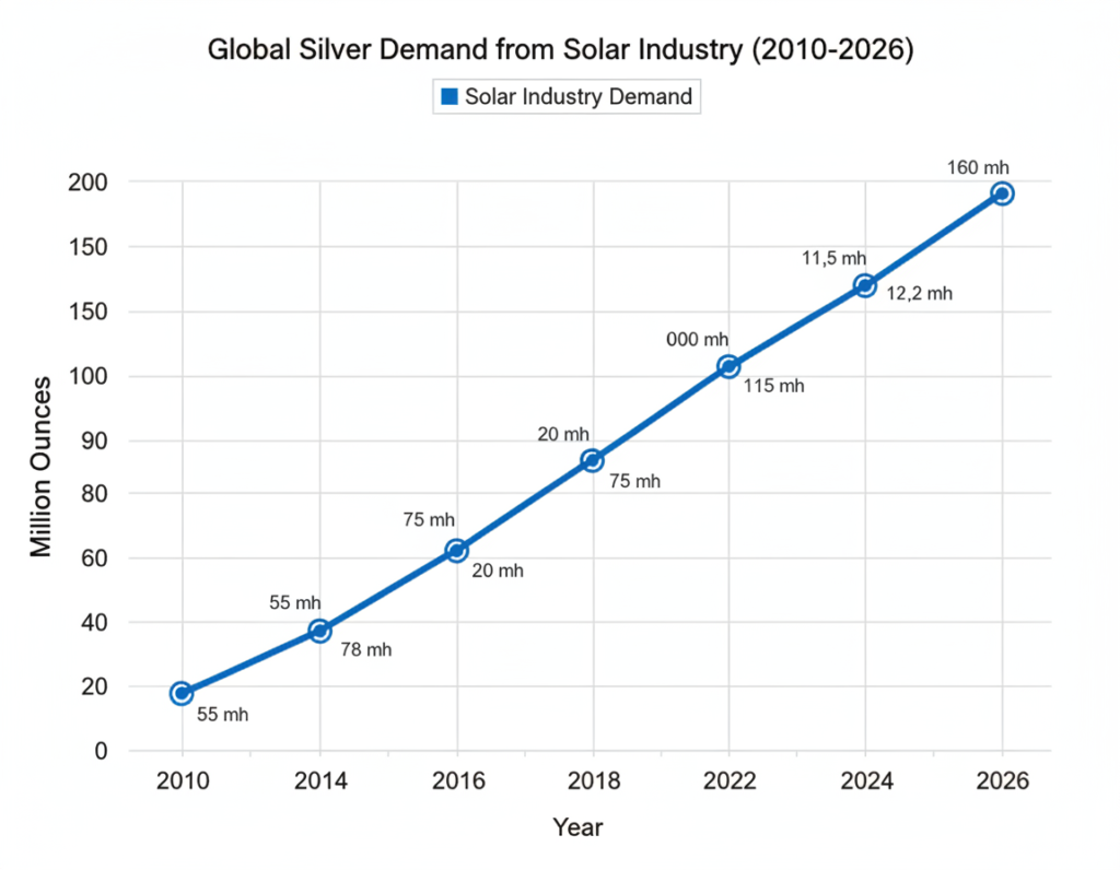 Chart showing solar industry silver demand growth from 2010-2026