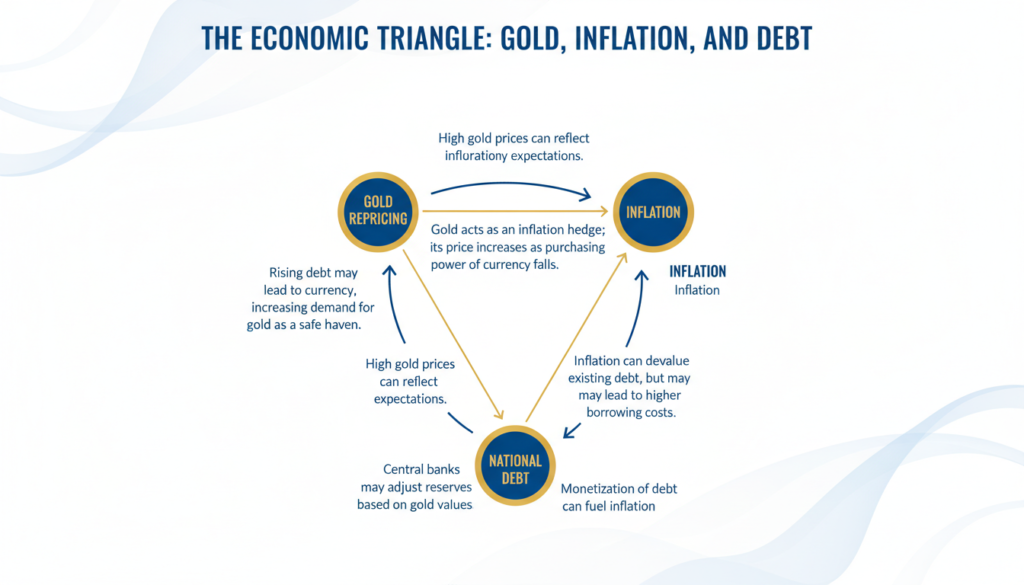 Diagram showing the triangular relationship between gold repricing, inflation, and national debt