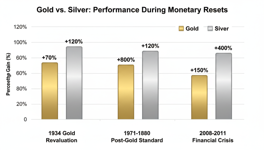Historical chart comparing gold and silver performance during past monetary reset periods