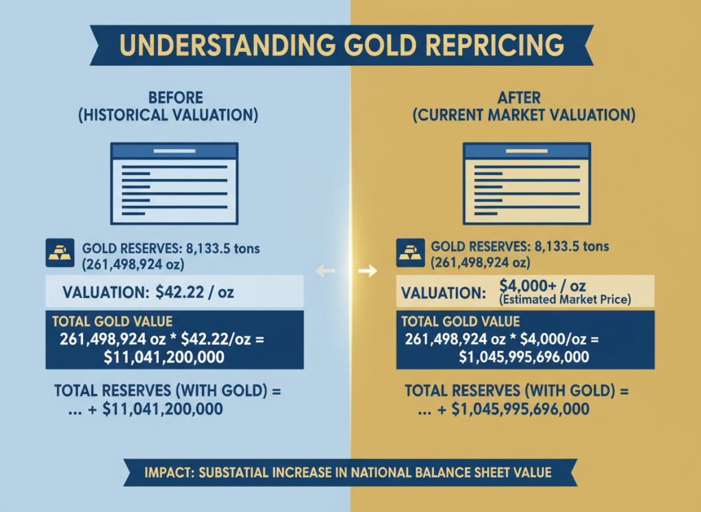 Infographic explaining gold repricing concept with before and after balance sheet comparison