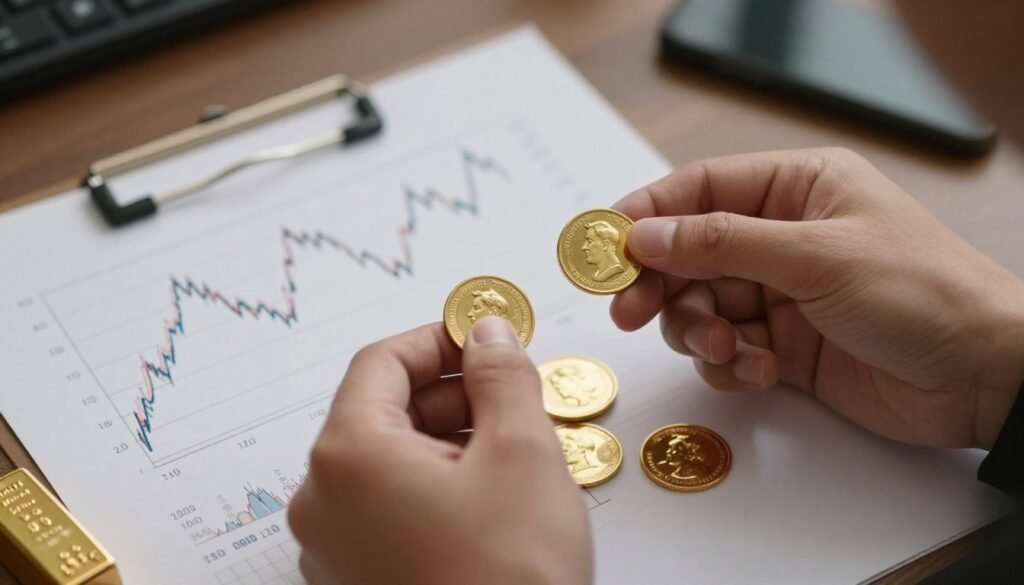 Investor examining physical gold coins and bars with financial charts showing gold repricing scenarios