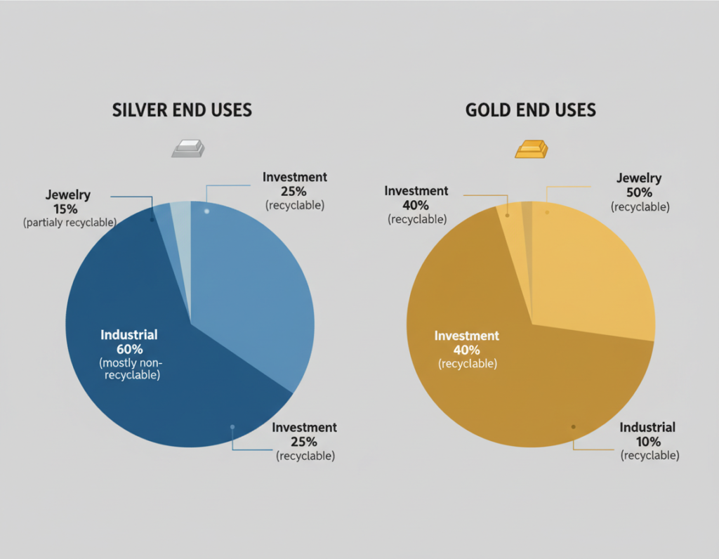 Pie chart showing end uses of silver vs gold and their recyclability