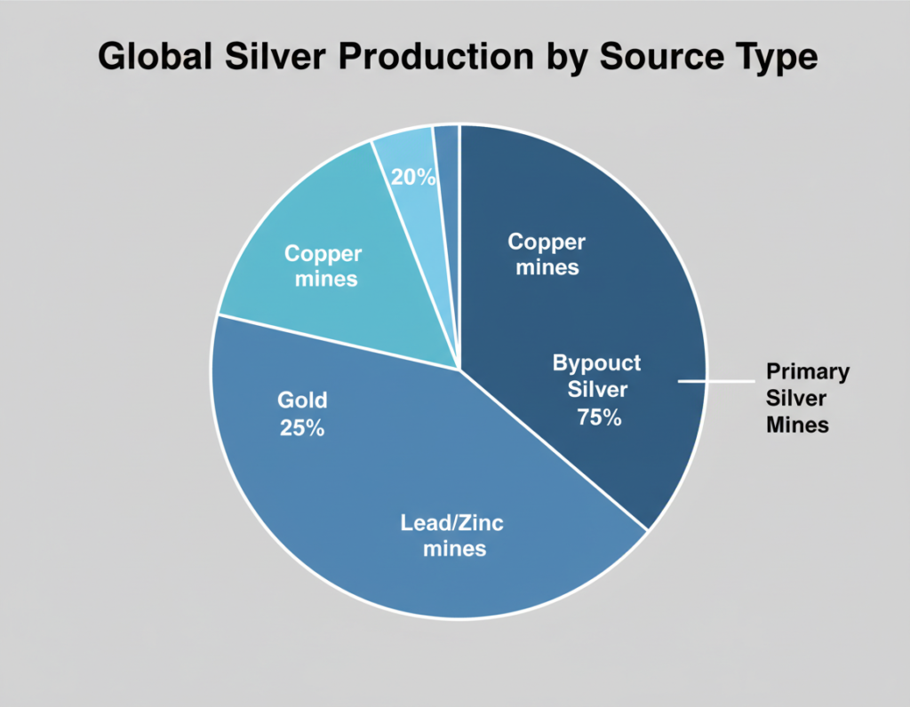 Pie chart showing global silver production by source type