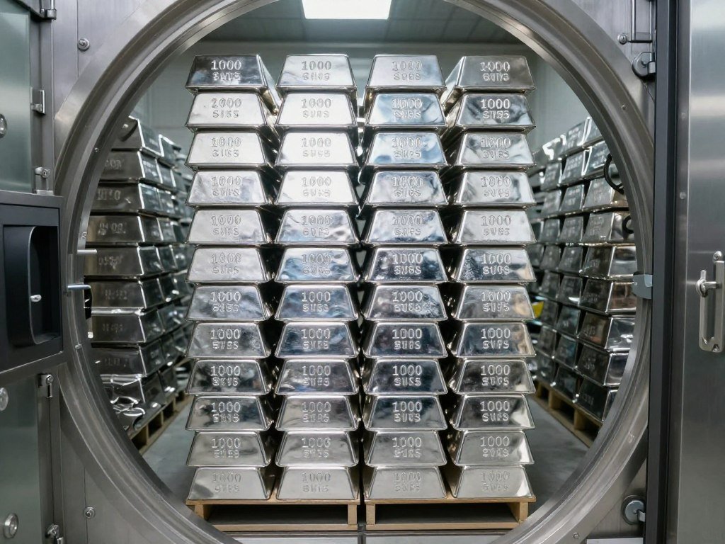 Silver bars stacked in a secure vault representing above-ground silver inventory
