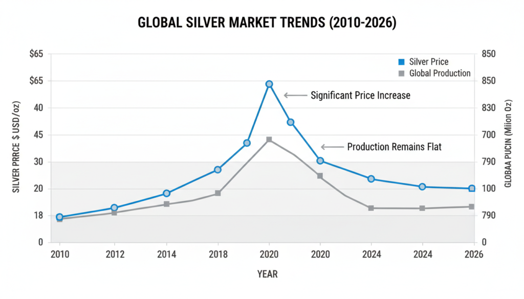 Silver price chart showing limited production response to price increases