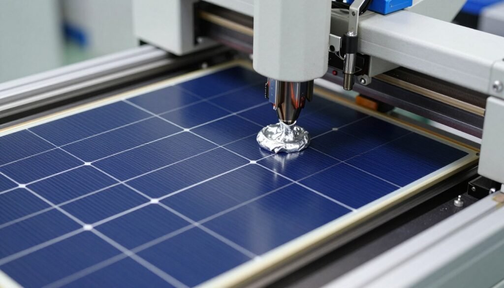 Solar panel manufacturing showing silver paste application on photovoltaic cells